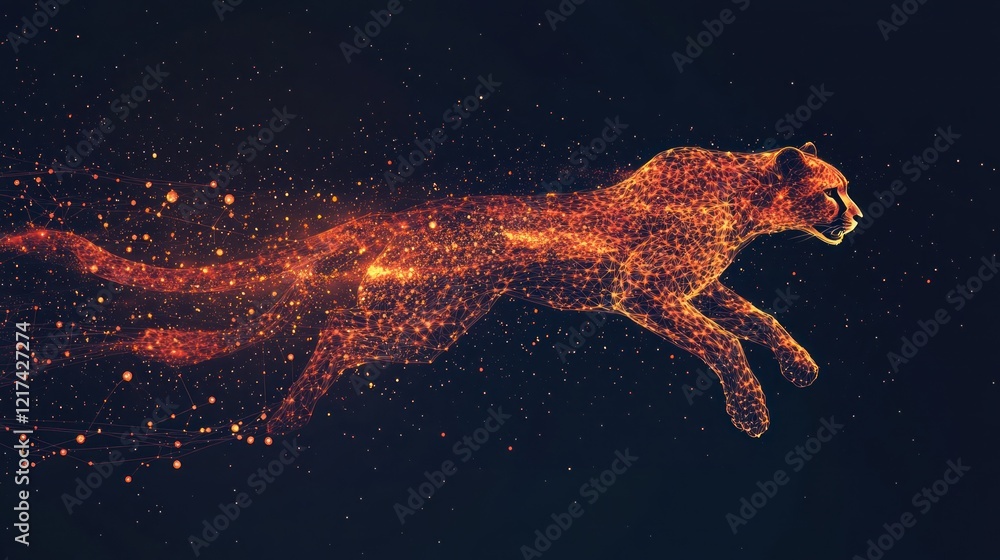 Fototapeta premium Fiery cheetah in motion, particles forming its shape.