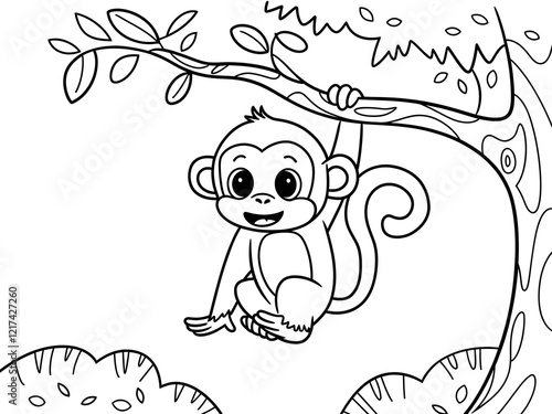 a cute little monkey hanging with branch a coloring page for kids