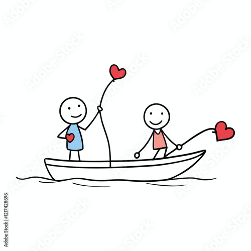 Stick figures sit on a small boat, fishing with long rods, pulling up hearts from the water. A whimsical and heartfelt scene of love, simplicity, and connection.