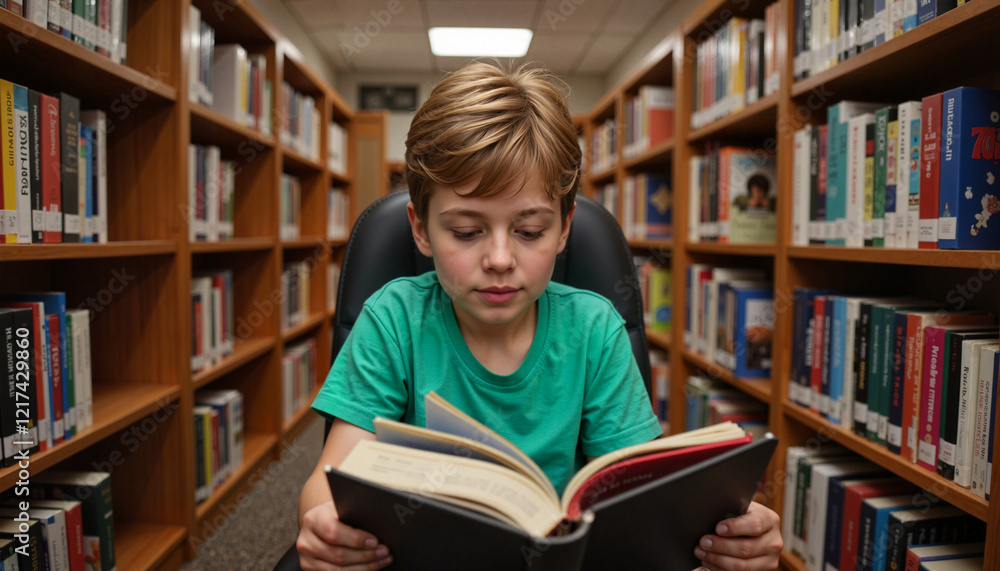 Young boy with Down syndrome reading book in library, celebrating inclusion Young boy with Down syndrome reading book in library, celebrating inclusion