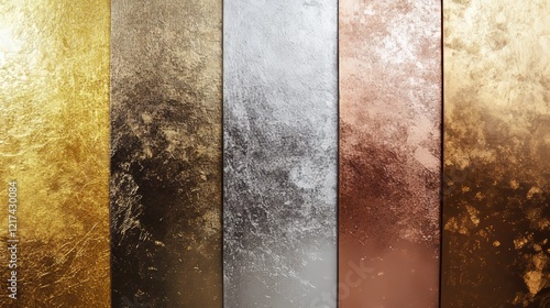 Gold rose, silver, bronze, copper and golden foil texture gradation background set. Vector shiny and metalic gradient collection for border, frame, ribbon, label design