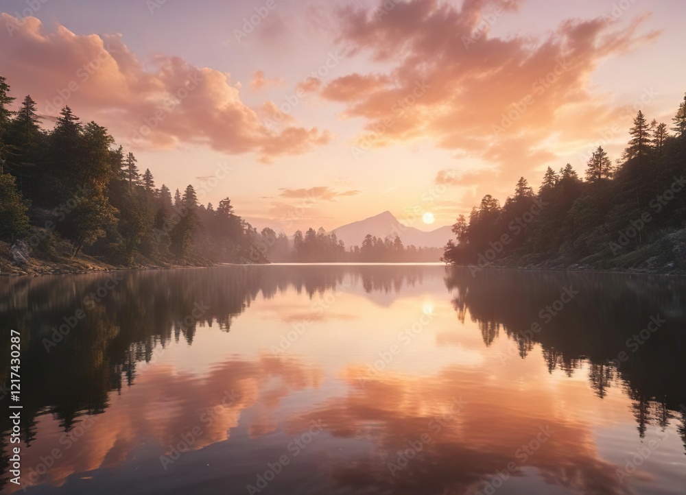 Soft peach hues blend with creamy whites in a serene cloudy sunset over a tranquil lake, peaceful, gentle light, atmosphere Soft peach hues blend with creamy whites in a serene cloudy sunset over a tranquil lake, peaceful, gentle light, atmosphere
