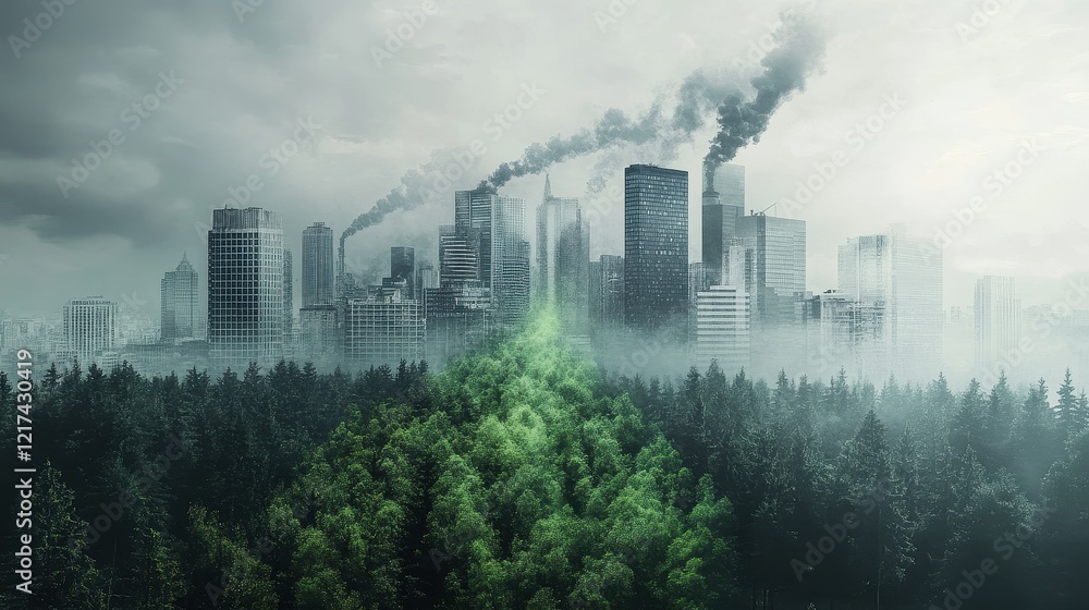 Forest transitioning from green to gray smog-filled air, environmental destruction and pollution awareness concept. Forest transitioning from green to gray smog-filled air, environmental destruction and pollution awareness concept.