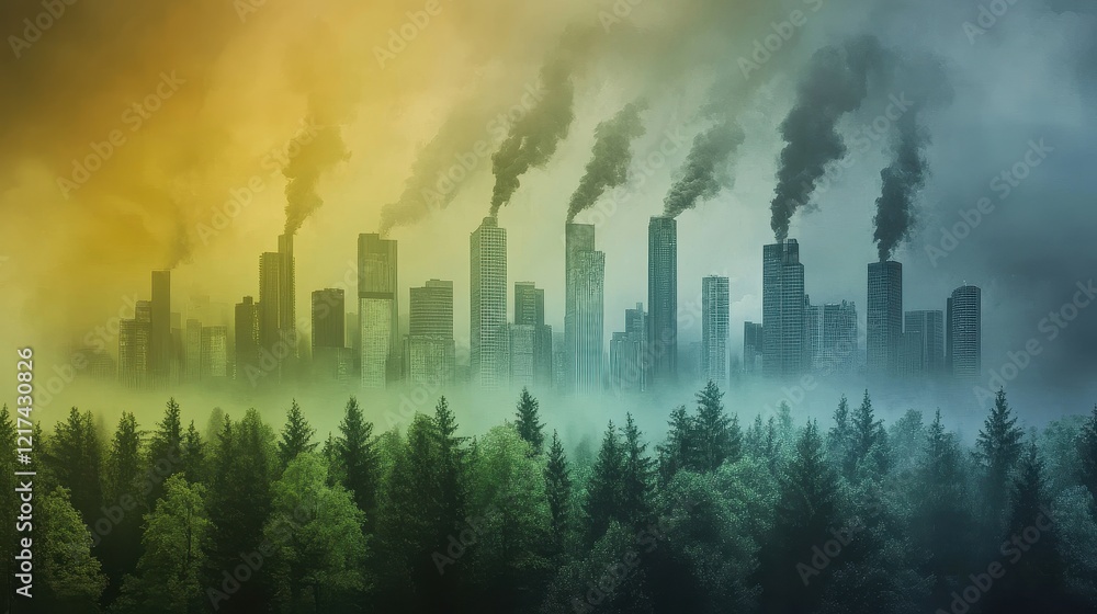 Forest transitioning from green to gray smog-filled air, environmental destruction and pollution awareness concept. Forest transitioning from green to gray smog-filled air, environmental destruction and pollution awareness concept.