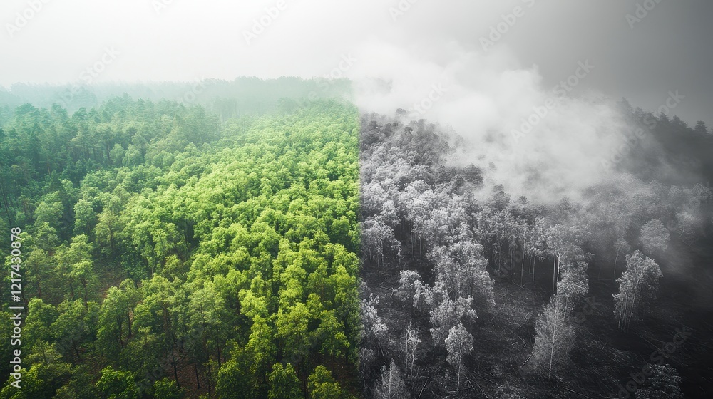 Forest transitioning from green to gray smog-filled air, environmental destruction and pollution awareness concept. Forest transitioning from green to gray smog-filled air, environmental destruction and pollution awareness concept.