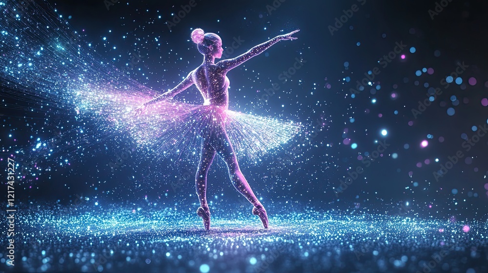 Naklejka premium A captivating digital ballet dancer surrounded by vibrant glowing particles on a dark background.