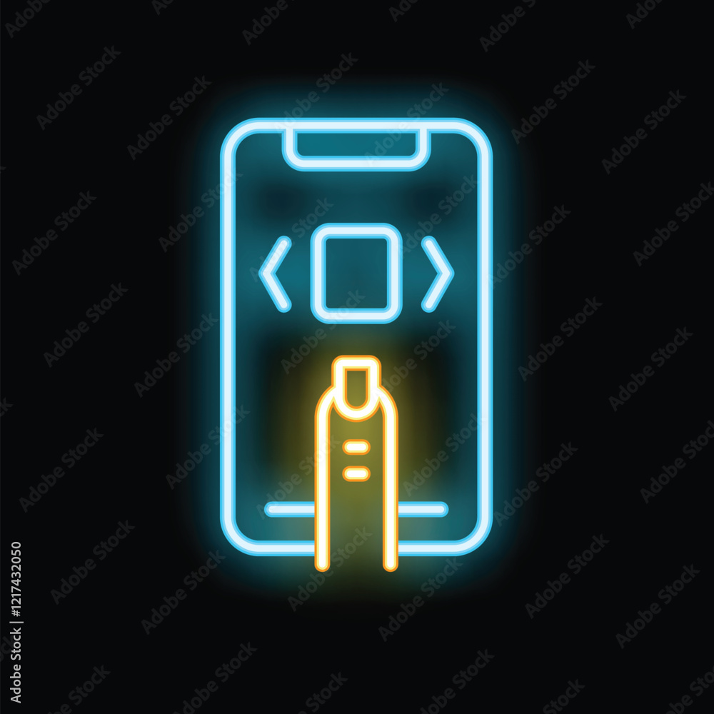 Neon icon of a finger touching a smartphone screen, perfect for mobile app designs and tech related projects Neon icon of a finger touching a smartphone screen, perfect for mobile app designs and tech related projects