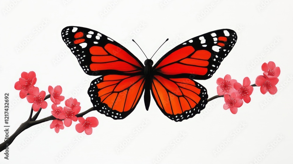 Obraz premium Orange Butterfly on Blossom Branch - A vibrant orange butterfly rests delicately on a branch adorned with pink blossoms, symbolizing beauty, transformation, nature, spring, and new beginnings.