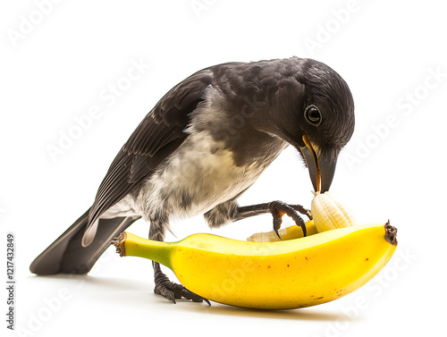 Dark-gray bird enjoying a ripe banana against a white background, a study in contrasting colors and textures photo