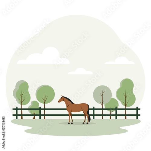 Brown horse standing near a wooden fence in a green field surrounded by trees and bushes under a cloudy sky