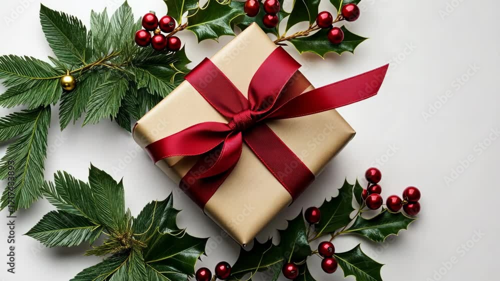 Elegant holiday gift box with red ribbon amidst festive holly and pine arrangement Elegant holiday gift box with red ribbon amidst festive holly and pine arrangement