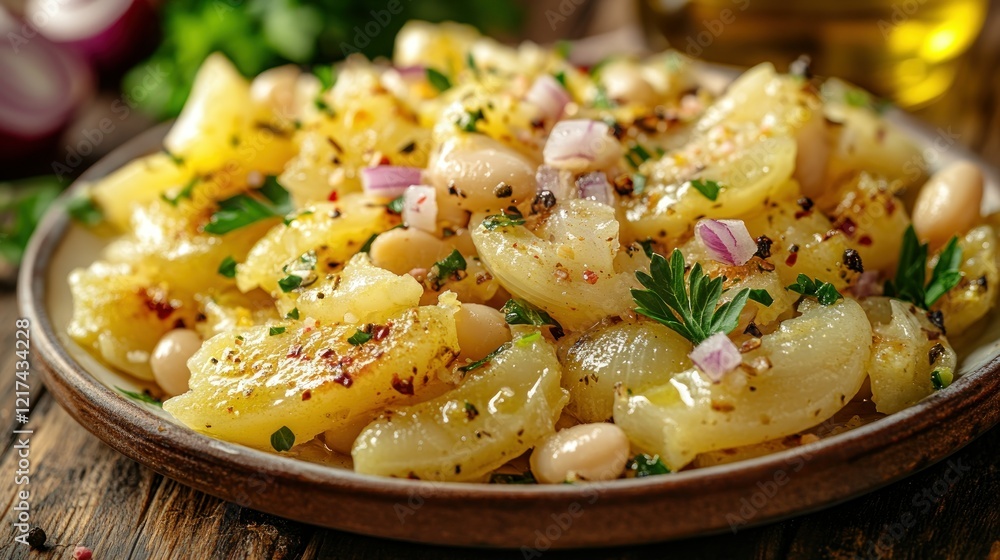 Potato bean salad, rustic kitchen, close-up, food photography Potato bean salad, rustic kitchen, close-up, food photography