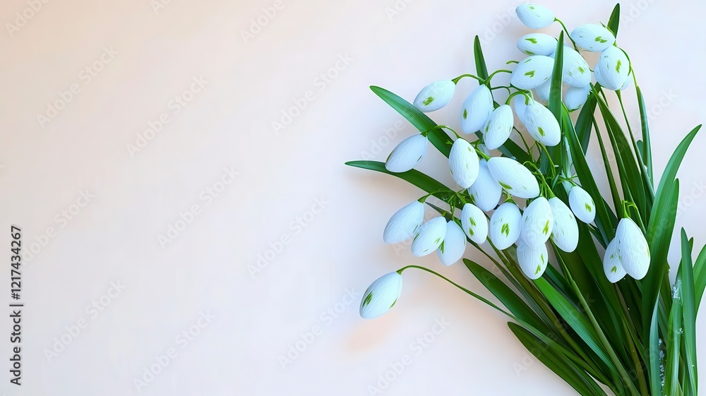 Fototapeta premium Spring snowdrops flowers minimal concept. A delicate bouquet of snowdrop flowers with green leaves against a light background, showcasing their elegance and seasonal beauty.