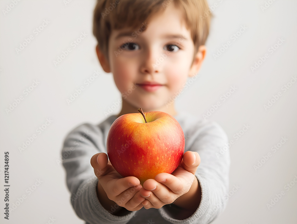 A charming young boy holds out a red apple, offering a healthy snack with a sweet smile and adorable innocence A charming young boy holds out a red apple, offering a healthy snack with a sweet smile and adorable innocence