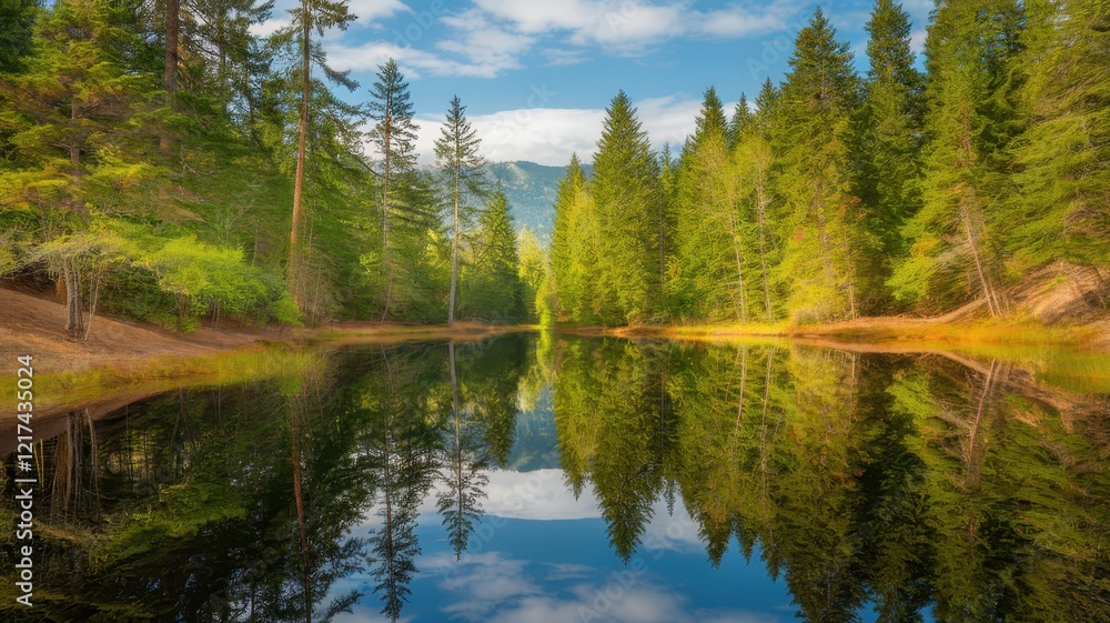 A serene landscape featuring a tranquil lake surrounded by lush evergreen trees under a clear blue sky. A serene landscape featuring a tranquil lake surrounded by lush evergreen trees under a clear blue sky.