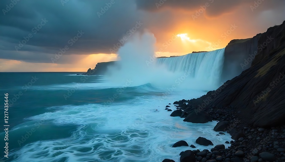 Obraz premium Dramatic coastal waterfall landscape with a vibrant sunset sky and rocky shores