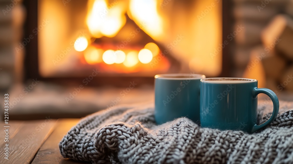cup of coffee on a wooden table in front of fireplace cup of coffee on a wooden table in front of fireplace