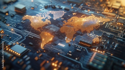 A 3D rendering of a world map integrated into a circuit board design.