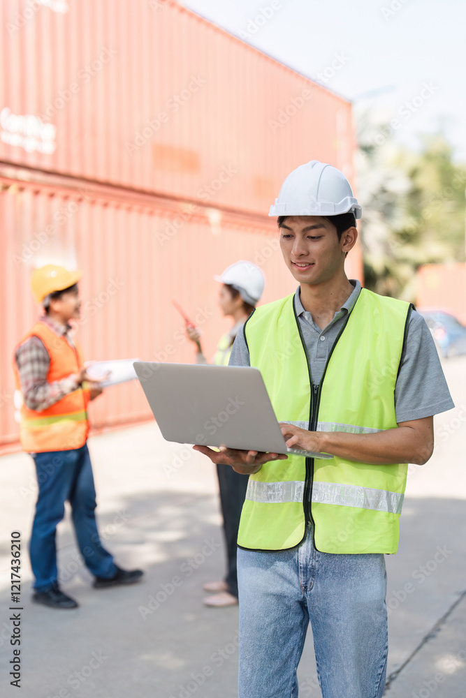 Construction worker using a laptop to manage projects while colleagues discuss plans on-site Construction worker using a laptop to manage projects while colleagues discuss plans on-site