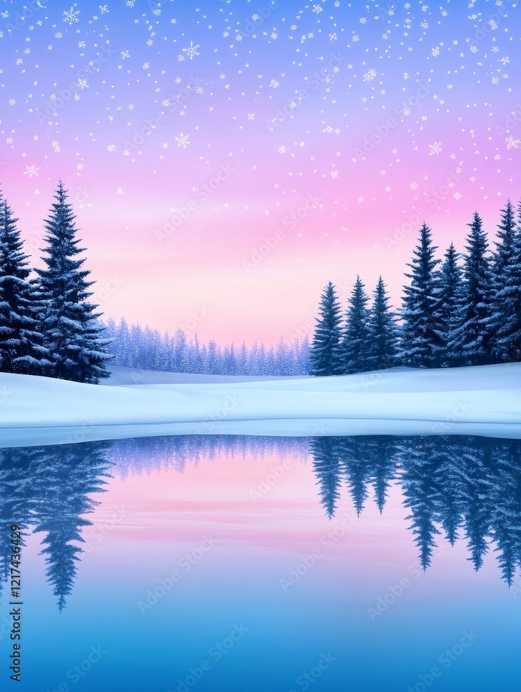 Serene Winter Landscape with Falling Snow - A tranquil winter scene featuring snow-covered trees reflected in a calm lake under a pastel sunset sky. Symbolizes peace, serenity, beauty, winter magic, Serene Winter Landscape with Falling Snow - A tranquil winter scene featuring snow-covered trees reflected in a calm lake under a pastel sunset sky. Symbolizes peace, serenity, beauty, winter magic,