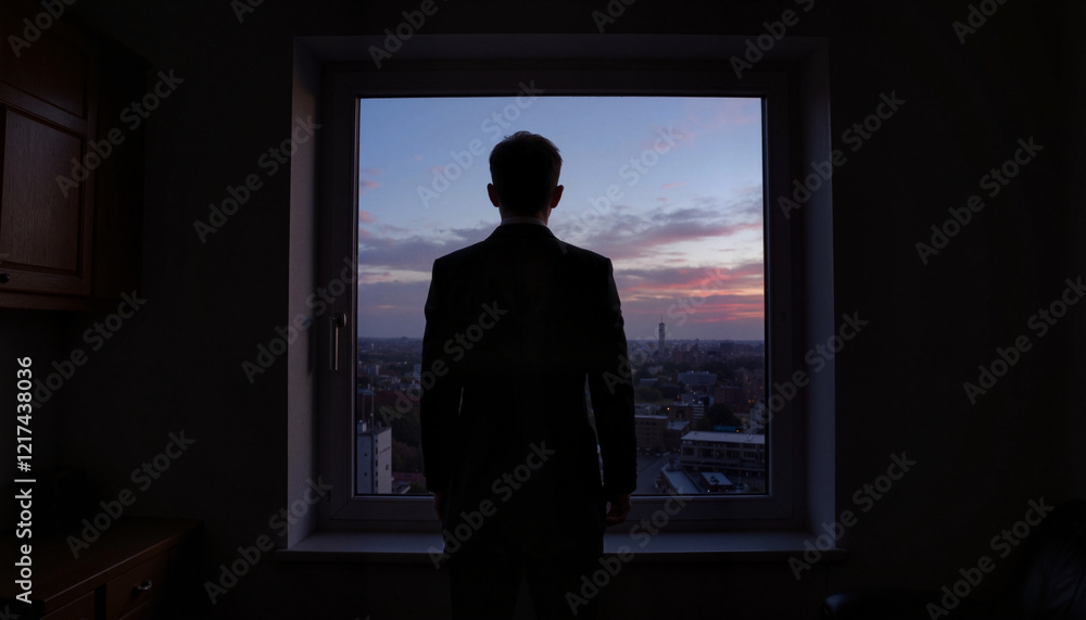 Man reflecting at window during sunset, introspection and calm Man reflecting at window during sunset, introspection and calm