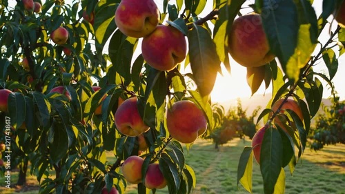 Peach tree branch with ripe fruits and green leaves in an orchard at sunrise

