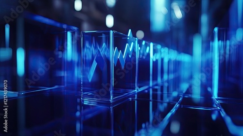 A close-up view of a transparent blue 3D bar chart illustrating a rising trend.