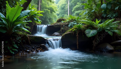 A small artificial waterfall is shown amongst wet