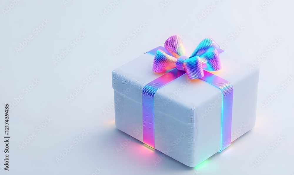 Iridescent gift box on white background, studio lighting, holiday surprise Iridescent gift box on white background, studio lighting, holiday surprise