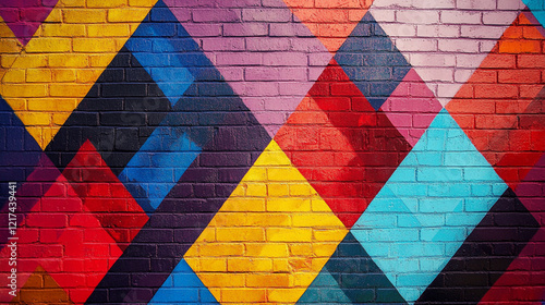 Colorful geometric pattern on urban wall creates vibrant artistic atmosphere