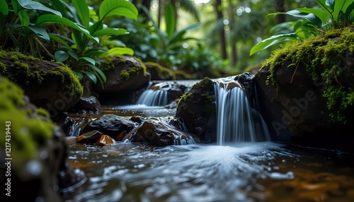 A small artificial waterfall is shown amongst wet