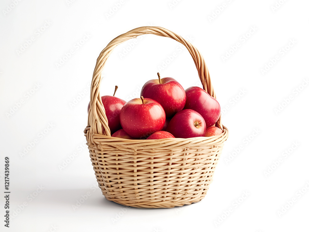 Wicker basket filled with fresh red apples isolated on a white background in a simple and natural composition Wicker basket filled with fresh red apples isolated on a white background in a simple and natural composition