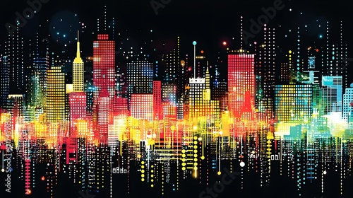 Colorful city skyline at night, vibrant cityscape, urban landscape, background for website design
