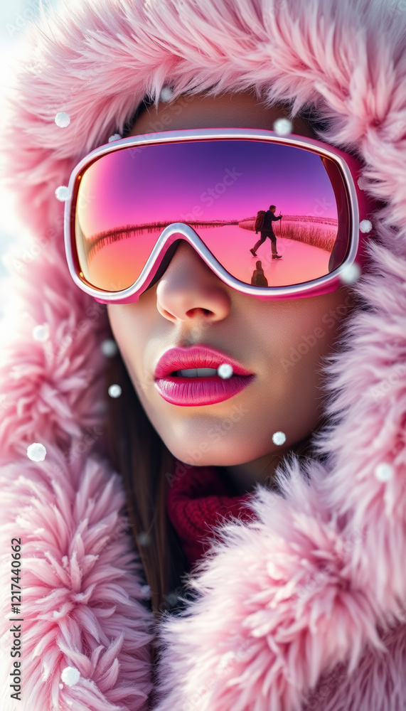 Close-up of a stylish woman in a pink fur hood and reflective ski goggles, posing confidently in snowy surroundings. Close-up of a stylish woman in a pink fur hood and reflective ski goggles, posing confidently in snowy surroundings.