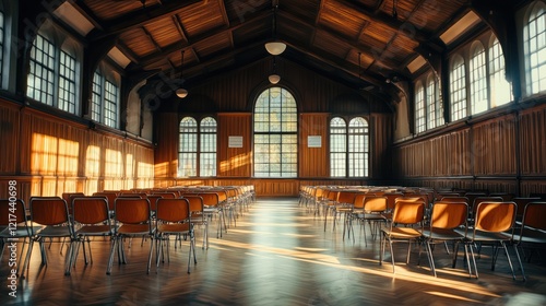 Sunlit Hallway of Empty Chairs