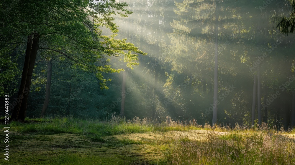 Fototapeta premium A serene forest scene with sunlight filtering through the trees, creating a magical atmosphere in the lush greenery.