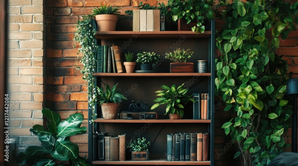 Indoor Plants and Books on a Rustic Shelf Indoor Plants and Books on a Rustic Shelf