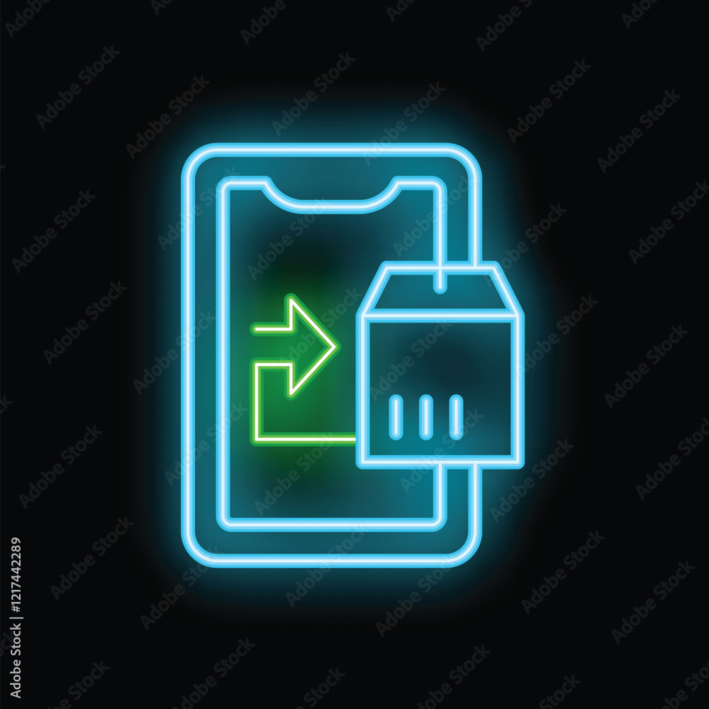 Neon glowing icon of smartphone sending a package representing online shopping and delivery Neon glowing icon of smartphone sending a package representing online shopping and delivery