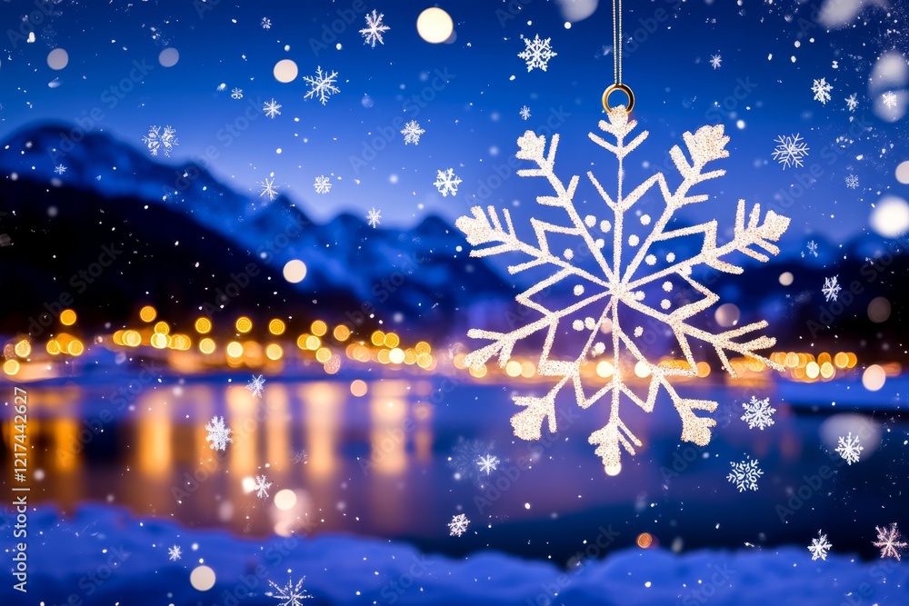 Fototapeta premium Winter Snowflake Over Snowy Village - A large snowflake ornament hangs in front of a blurred winter village scene at night, illuminated by warm lights and falling snow.