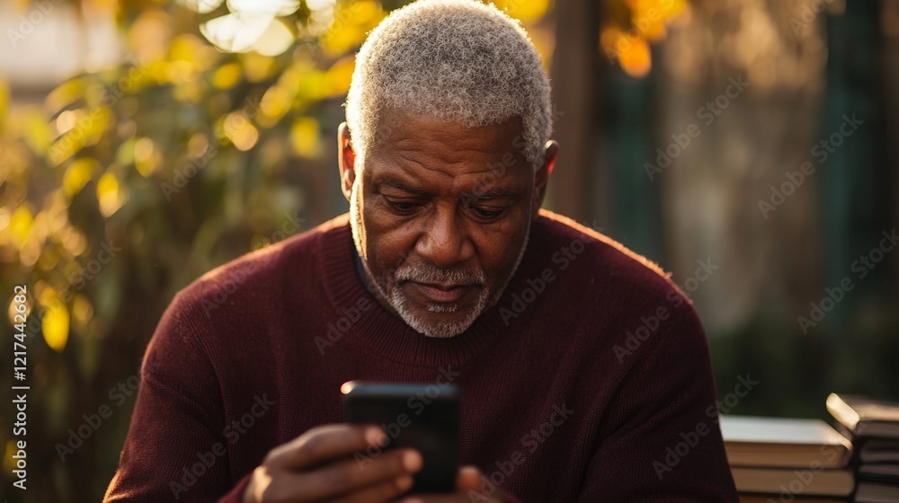 A man is sitting on a bench and looking at his cell phone. He is focused on the screen, possibly checking his messages or browsing the internet. Concept of solitude and introspection A man is sitting on a bench and looking at his cell phone. He is focused on the screen, possibly checking his messages or browsing the internet. Concept of solitude and introspection