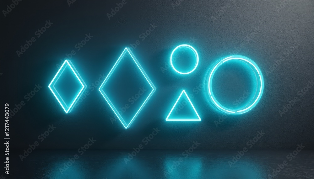 A striking display of glowing geometric shapes—diamonds, circles, and triangles—illuminates a sleek, dark backdrop. The vibrant neon blue light creates a modern and futuristic vibe, inviting A striking display of glowing geometric shapes—diamonds, circles, and triangles—illuminates a sleek, dark backdrop. The vibrant neon blue light creates a modern and futuristic vibe, inviting