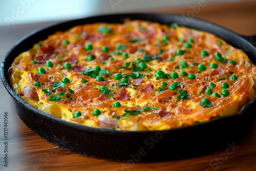 Savory frittata with fresh peas and crispy bacon served in a rustic skillet photo