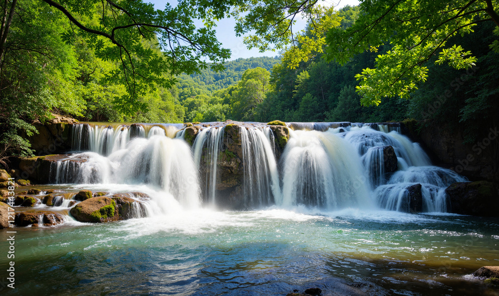Obraz premium Flowing waterfall in lush green forest