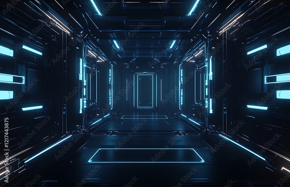 a blue tunnel with lines and lights
a blue tunnel with lines and lights