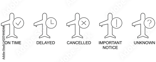 Airport information guide icons vector, flight on time, delayed, cancelled, important flight notice icon set outline style flat trendy illustration isolated on white background.