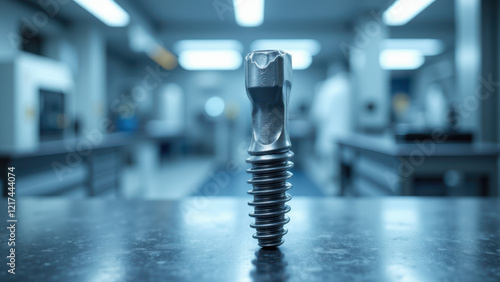 Close-up photograph of a single silver industrial spring against a blurred metalworking background with machinery. photo