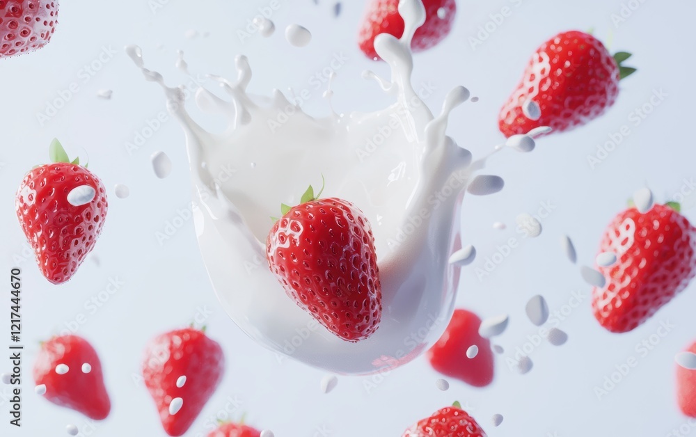 Energetic motion of strawberries and milk blending together, captured in high detail to showcase freshness and dynamic appeal Energetic motion of strawberries and milk blending together, captured in high detail to showcase freshness and dynamic appeal