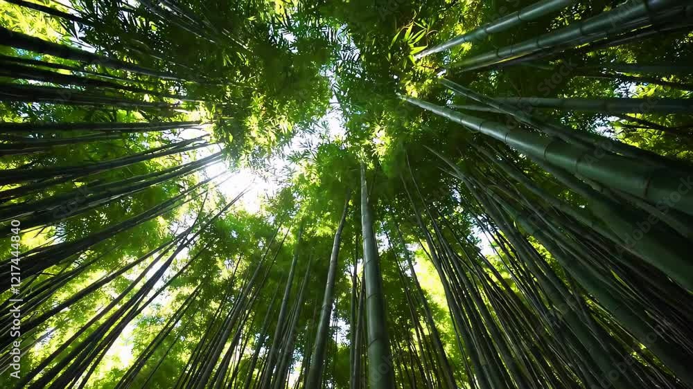 Lush bamboo grove reaching towards the sky, with sunlight streaming through the dense green canopy, creating a serene and immersive atmosphere Lush bamboo grove reaching towards the sky, with sunlight streaming through the dense green canopy, creating a serene and immersive atmosphere