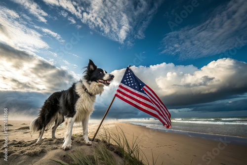 A Yorkie Dog Wearing Patriotic Red Sunglasses and a Red White and Blue American Flag Bandana for 4th of July or Memorial Day.