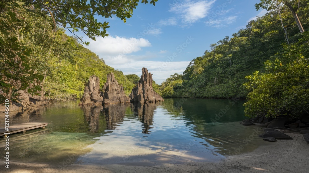 Obraz premium A serene view of a calm lagoon surrounded by lush greenery and rock formations under a clear blue sky.